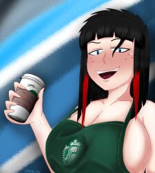 2023 adshtorm big_breasts black_hair blue_eyes breast breasts green_clothing iced_latte_with_breast_milk meme oc original_character red_hair starbucks