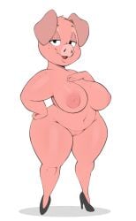 2023 anthro big_breasts breasts carmen_quait clothing curvy_figure domestic_pig female female_focus female_only floppy_ears footwear genitals hi_res high_heels_only looking_at_viewer mammal nipples open_mouth open_smile original original_character pink_body pussy short_stack simple_background smile smiling_at_viewer solo standing suid suina sus_(pig) thick_thighs thighs usnarbit voluptuous white_background wide_hips