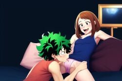 1boy 1girls ahe_gao ai_generated armpits blue_top blue_topwear brown_hair cunnilingus cunnilingus_through_clothes cushion cushions dark_blue_background dark_room dominant_female female femdom green_hair happy happy_female happy_sex human izuku_midoriya licking licking_clitoris licking_pussy male_pleasuring_female my_hero_academia nighttime ochako_uraraka panties pink_panties pleasure_face pleasured shounen_jump small_breasts submissive_male thighs wet_panties