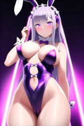 1girls ai_generated big_breasts bowtie breasts bunny_ears bunny_girl bunnygirl bunnysuit cleavage clothing emilia_(re:zero) female female_focus female_only large_breasts latex leotard light-skinned_female light_skin long_hair nai_diffusion partially_clothed playboy_bunny purple_bowtie purple_eyes purple_leotard purple_neckwear re:zero_kara_hajimeru_isekai_seikatsu self_upload shiny_clothes solo stable_diffusion standing tagme tight_clothing voluptuous white_hair