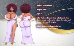 1girls afro ass back_view big_breasts big_hair big_lips bio blitzhero breasts brown_skin bubble_butt character_sheet cleavage commissioner:blitzhero commissioner_upload curvaceous female female_focus female_only front_view hand_on_hip june_buxoms lips milf original_character pose purple_dress tagme taller_female taller_girl thick_lips top_heavy voluptuous voluptuous_female witchbladeproyect