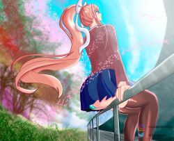 1girls blue_skirt clothed clothed_female clothing doki_doki_literature_club female green_eyes long_hair monika_(doki_doki_literature_club) panties pantyshot pantyshot_(sitting) railing sitting sitting_on_railing skirt thighhighs wirichiroga wiricmisaki