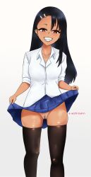 1girls black_hair breasts brown_eyes clothed clothing earrings ecchizukin fangs female female_focus female_only going_commando hayase_nagatoro hi_res highres long_hair looking_at_viewer please_don't_bully_me,_nagatoro pubic_hair revealing_clothes school_uniform simple_background skirt skirt_lift skirt_up small_breasts smile solo solo_female tan tan-skinned_female tan_body tan_skin tanned tanned_female watermark white_background