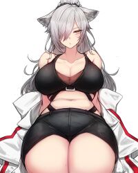 1girls :/ animal_ear_fluff animal_ears arknights arms_behind_back bare_shoulders belly belly_button big_breasts big_thighs bikini bikini_top bra breasts brown_eyes busty cat_ears cat_girl cleavage collarbone curvaceous curvy emotionless expressionless female female_only giant_breasts grey_hair hair_covering_eye hair_over_one_eye hips huge_breasts huge_thighs hyper_thighs jacket jacket_on_shoulders jacket_partially_removed large_breasts large_thighs legs light-skinned_female light_skin long_hair long_sleeves looking_at_viewer massive_breasts massive_thighs midriff navel one_eye_covered ponytail rikuguma schwarz_(arknights) seductive seductive_look seductive_pose short_shorts shorts simple_background sitting solo solo_female sports_bra stomach tagme thick_legs thick_thighs thighs tight_clothing very_long_hair voluptuous waist wasp_waist white_background wide_hips wide_sleeves wide_thighs