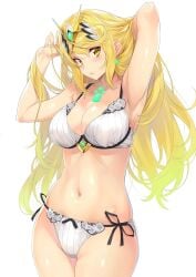 1girls blonde_hair bow_panties bra breasts core_crystal earrings hand_in_own_hair large_breasts lingerie long_hair looking_at_viewer midriff mythra nagayori navel nintendo panties ribbed_bra ribbed_panties side-tie_panties tiara white_background white_bra white_lingerie white_panties xenoblade_(series) xenoblade_chronicles_2 yellow_eyes