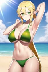 ai_generated alluring beach big_breasts bikini blonde_hair blue_sky cleavage female green_eyes leafa legs nightcore_(artist) ocean posing sea sword_art_online