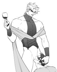 2boys abs alcohol birthmark black_hair black_hair_bottom blonde_hair blonde_hair_on_black_hair blonde_hair_top cunnilingus cuntboy cuntboy_with_male cup dio_brando domination drinking_glass earrings gay grabbing_another's_hair hairband highres holding holding_cup huang_lia intersex jewelry joestar_birthmark jojo's_bizarre_adventure jotaro_kujo light_hair_on_dark_hair long_hair looking_at_another monochrome multiple_boys muscular muscular_male nail_polish nipples oral pectorals pussy pussy_juice revealing_clothes shirt standing standing_cunnilingus stardust_crusaders wine wine_glass yaoi