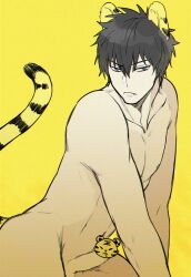 2022 animal_ears black_hair blue_eyes censored chivanish completely_nude erection fang frown gintama glaring hijikata_toshiro kemonomimi looking_at_viewer male male_only new_year nude penis solo tail tiger_boy tiger_ears tiger_tail toned toned_male year_of_the_tiger yellow_background yellow_theme