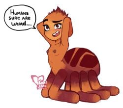 8_legs anthro arachnid arthropod breasts brown_body brown_fur brown_nipples collarbone dreamworks english_text female fur hair hands_behind_head hi_res kneeling lewdtime looking_at_self ms._tarantula_(the_bad_guys) navel nipples nude orange_body orange_fur short_hair small_chest speech_bubble spider text the_bad_guys watermark