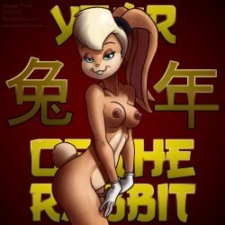 accessory ambiguous_gender anthro chinese_new_year chinese_zodiac clothing crossover gloves handwear headband hi_res lagomorph leporid lola_bunny looking_at_viewer looney_tunes mammal naked_gloves nipples rabbit smudge_proof solo space_jam warner_brothers year_of_the_rabbit