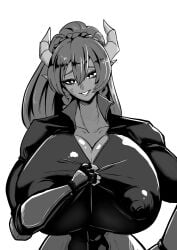 1girls big_breasts black_and_white breasts dragon_horns erect_nipples erect_nipples_under_clothes female_focus female_only flare_anaktes horns huge_breasts large_breasts looking_at_viewer milf monochrome nipples nipples_visible_through_clothing sakiyume11 solo solo_female solo_focus