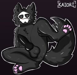 anthro anus balls black_balls black_latex black_perineum blush canid canine canis changed_(video_game) chest_tuft feet_in_camera genitals goo_creature kaiori looking_at_viewer male male_only mammal mask pawpads paws perineum pink_pawpads puro_(changed) raised_leg solo tail tuft wolf