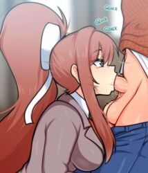 1boy 1girls 2d balls blowjob blowjob_face bow clothed clothed_female clothed_sex clothing cock deepthroat deepthroat_no_hands dick doki_doki_literature_club fellatio femdom fully_clothed fully_clothed_female green_eyes low_res malesub monika_(doki_doki_literature_club) onomatopoeia pants_down penis player ponytail public school_uniform scocks4you sucking sucking_penis upper_body white_bow