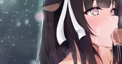 1boy animal_ears azur_lane bangs black_hair blush cow_ears cum cum_in_mouth dermar erection eyelashes facial fellatio female hair_ribbon heart heart-shaped_pupils kashino_(azur_lane) long_hair oral out_of_frame penis purple_eyes ribbon ribbon_hair simple_background solo_focus straight symbol-shaped_pupils