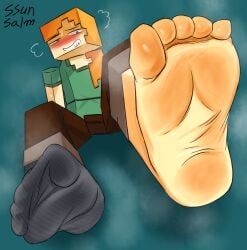 alex_(minecraft) blush cube_head drooling feet foot_fetish looking_at_viewer minecraft mojang pov pov_eye_contact pov_feet smell smelly_feet socks square_head ssunsalm steaming_body sweat toes