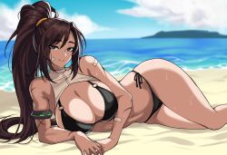 1girls armlet bandaid bandaid_on_cheek bandaid_on_face beach bikini black_bikini breasts brown_eyes brown_hair cleavage drogod_(artist) dungeon_and_fighter female fighter_(dungeon_and_fighter) groin hella_p large_breasts long_hair looking_at_viewer lying midriff navel ocean on_side outdoors ponytail sand scar scar_on_arm sky smile solo striker_(dungeon_and_fighter) swimsuit thighs