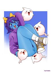 1girls absurd_res arm_behind_head bent_legs blue_skin blush bottomless female ghost ghost_girl hair_ribbon happy looking_at_viewer marina_(noill) open_mouth pubic_hair pulpyharu purple_eyes purple_hair pussy shoes smiling smiling_at_viewer sneakers sneakers_without_bottomwear sweater tongue_out