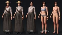 1girls 3d breasts casual clothing concept_art cow_girl cowgirl design female hat human midriff nipples nude nude_female on/off pale_skin western