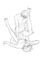 2boys abs anal_sex artist_request gintama gintoki_sakata holding_thighs legs_held_open line_art male male_only monochrome motion_lines oboro_(gintama) on_back tagme thigh_grab yaoi