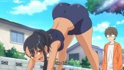 1boy 1girls 774_(nanashi) accurate_art_style ass ass_up big_ass black_hair blush breasts brown_eyes clothed clothing edit english_text flirting gym_uniform hayase_nagatoro long_hair looking_at_ass looking_back naoto_hachioji_(senpai) please_don't_bully_me,_nagatoro pose revealing_clothes screenshot_edit seductive small_breasts stretching tan tan_skin tanned text