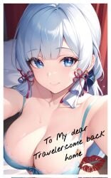 aether_(genshin_impact) ai_generated armpits avatariense blue_eyes blue_hair bra breasts english_text female female_only genshin_impact inviting inviting_to_sex kamisato_ayaka kiss_mark large_breasts lipstick_mark mihoyo nai_diffusion picture_frame ponytail pov selfie smile stable_diffusion wholesome