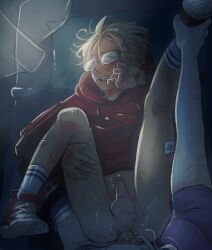 2boys ahoge alfred_jones america_(hetalia) anal anal_sex axis_powers_hetalia blonde_hair blush gay gloves hoodie ivan_braginski laying_on_back leg_grab open_mouth red_hoodie russia_(hetalia) scarf socks yaoi zombiezeemo