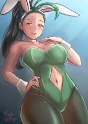 1girls big_breasts black_hair breasts bunny_ears bunnysuit cleavage fake_animal_ears female female_only game_freak green_bunnysuit green_highlights hand_on_hip hips leggings nemona_(pokemon) orange_eyes pokemon pokemon_sv ponytail rinku_bny solo solo_female