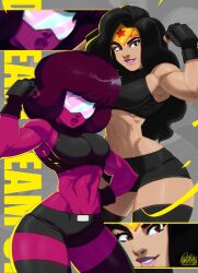 2girls abs afro armpits big_breasts black_hair breasts brown_eyes cartoon_network clothes crossover dc dc_comics diana_prince english_text garnet_(steven_universe) gem_(species) glasses gloves gym_clothes headband long_hair looking_at_viewer magenta_skin multiversus muscular_female purple_hair purple_skin short_hair shorts smile steven_universe tank_top thick_eyebrows thick_thighs thighhighs tovio_rogers visor watermark wide_hips wonder_woman wonder_woman_(series)