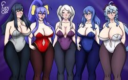 5girls arknights astesia_(arknights) belly_button big_breasts blazblue blue_eyes blue_hair breast_squish breasts brown_eyes bunny_girl fairy_tail female female_only fire_emblem fire_emblem_awakening fishnet_legwear fishnet_pantyhose fishnet_stockings fishnets fury_o ganyu_(genshin_impact) genshin_impact goat_girl goat_horns group group_picture heart-shaped_pupils hi_res highres huge_breasts human humanoid juvia_lockser leotard long_hair looking_at_viewer mai_natsume navel navel_cutout nervous nervous_smile open_mouth pale-skinned_female pale_skin pantyhose pink_eyes pinup pinup_girls pinup_pose playboy_bunny ponytail purple_eyes robin_(fire_emblem) robin_(fire_emblem)_(female) smug smug_face strapless_leotard take_your_pick twintails two_tone_hair white_hair