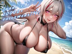 1girls ai_generated bangs bare_shoulders beach bent_over bikini black_bikini blue_sky blush breasts choker cleavage cloud collarbone covered_nipples day grey_hair hair_between_eyes huge_breasts large_breasts leaning_forward looking_at_viewer multicolored_hair myrr ocean open_mouth outdoors pink_eyes red_hair short_hair skindentation sky smile solo stable_diffusion streaked_hair swimsuit thigh_gap thighs v water