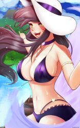 1girls ahri alternate_costume beach belly belly_button big_breasts bikini bracelet choker cleavage dark_hair exposed_belly female hat island kemonomimi league_of_legends necklace nine_tailed_fox pudding300 solo_female tagme tail vastaya water yellow_eyes