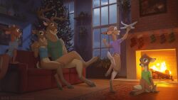 absurd_res adam_wan anthro anthro_only antlers bambi_(character) bambi_(film) bottomless christmas christmas_tree clothed clothing cub deer detailed_background digital_drawing_(artwork) digital_media_(artwork) disney faline female fireplace hi_res holidays horn legwear male mammal mena_(bambi) night plant ronno sofa stockings the_great_prince_of_the_forest toy toy_plane tree watermark young zaush