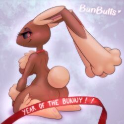 anthro ass black_sclera breasts brown_body bun_butts bunny_ears chest_tuft female fur furry furry_only generation_4_pokemon kneeling lagomorph leporid long_ears looking_back lopunny mammal nintendo paws pokemon pokemon_(species) red_eyes side_boob sideboob smile solo tan_body tuft two_tone_body year_of_the_rabbit