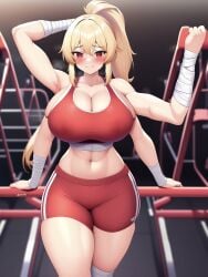 4_arms abs ai_generated arm_behind_head arm_wraps bandage biceps big_breasts blonde_hair blush crop_top curvy gym gym_clothes gym_shorts klia_(tetra_ai) leaning_back midriff multi_arm multi_limb muscular nai_diffusion ponytail red_eyes smile sports_bra stable_diffusion tetra_ai toned_female wide_hips workout workout_clothes