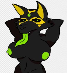 anthro azorian black_body breasts canid canine female fox glowing glowing_eyes glowing_nipples glowing_tongue green_eyes hybrid mammal nipples nude pats_(patrina_erubus) shaded simple_background simple_coloring simple_shading solo tongue