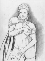 black_and_white breasts cape corset covering_breasts curvy_female david_lima emma_frost female hellfire_club huge_breasts lingerie looking_at_viewer marvel marvel_comics navel panties pencil_(artwork) pinup topless topless_female white_queen x-men