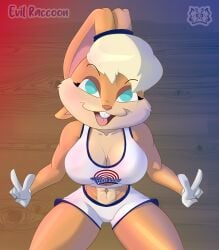 abs basketball basketball_uniform big_breasts blonde_hair blue_hair bunny_ears bunny_girl evil_raccoon fur furry furry_ears furry_only hair_over_one_eye lola_bunny looney_tunes peace_sign smile smiling smiling_at_viewer teeth