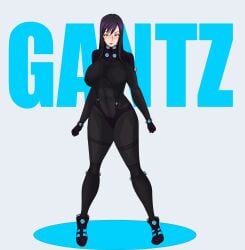 1girls absurd_res black_hair blue_eyes bodysuit breasts female gantz gantz_suit huge_breasts latex_suit png shimohira_reika solo supernova_(artist) text tight_clothing