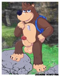 anthro aroused backpack bag banjo-kazooie banjo_(banjo-kazooie) bear casual cum cum_leaking erect_penis erection genitals hyper_penis jasminerobotnik large_penis male male_only mammal naked neckwear nude penis precum presenting_penis public_exposure public_nudity solo thick_penis