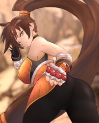 absurdres ass big_ass big_breasts brown_eyes brown_hair cameltoe dnf_duel dungeon_and_fighter female fighter_(dungeon_and_fighter) fingerless_gloves from_behind gloves highres huge_breasts long_hair ponytail rear_view round_ass solo striker_(dungeon_and_fighter) tight_clothing very_long_hair voluptuous