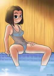 background_character breasts cameltoe eronimbus hand_on_thigh hot_tub hot_tub_lady_(the_bad_guys) jacuzzi looking_at_viewer nipple_bulge one-piece_swimsuit smiling swimsuit swimwear the_bad_guys