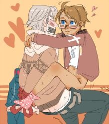 alfred_jones america_(hetalia) axis_powers_hetalia blue_eyes blush brown_hair dog_tags earrings gagged glasses ivan_braginski jacket jeans pants_removed polka_dot russia_(hetalia) short_hair smile sweater tape_gag white_hair white_shirt zombiezeemo