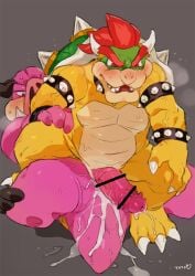 2019 anal anal_sex anthro bebebebebe blush bodily_fluids bowser breath censored censored_genitalia censored_penis claws collar cum cum_in_tail duo erection gay genital_fluids genitals horn leaking_cum male male/male male_only mario_(series) mario_and_luigi_(series) midbus nintendo nude penetration penis pink_body pink_penis spiked_collar spikes tail yellow_body