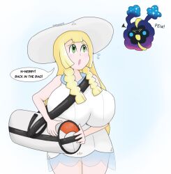 1girls alternate_breast_size big_breasts clothed cosmog dialogue english_text female female_only lillie_(pokemon) meme nebby_(pokemon) nintendo pokémon_(species) pokemon pokemon_(species) pokemon_sm refusal text tongue_out touhoufan