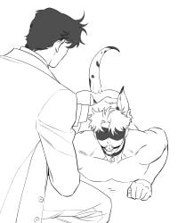 2boys all_fours anal anal_object_insertion anal_tail animal_ears ass ball_gag blindfold bondage collar dio_brando dog_ears dog_tail fake_animal_ears fake_tail gag gagged hand_on_another's_head headpat highres huang_lia jacket jojo's_bizarre_adventure jonathan_joestar male male_focus monochrome multiple_boys muscular muscular_male nude object_insertion pants pectorals pet_play phantom_blood short_hair tail yaoi