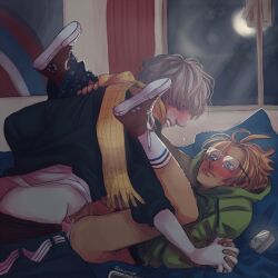 2boys alfred_jones america_(hetalia) anal anal_sex axis_powers_hetalia biting_lip biting_own_lip blue_eyes blush gay glasses holding_hands ivan_braginski male male_only poster russia_(hetalia) scarf shoes socks tears window yaoi zombiezeemo