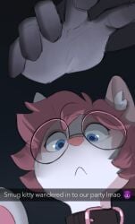 anthro blue_eyes collar fizzystevie furry hand imminent_sex mia_(fizzystevie) pink_hair pink_muzzle round_glasses tagme text