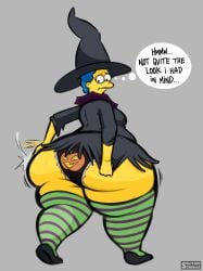 1girls ass blue_hair english_text female female_focus female_only halloween halloween_costume hips large_ass looking_back marge_simpson milf mother mother panties pumpkin solitaryscribbles stockings striped_legwear the_simpsons thought_bubble underwear wardrobe_malfunction wide_hips witch_costume witch_hat