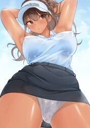 1girls 2022 :o absurdres alternate_version_available armpits arms_up bangs black_skirt blue_sky blush breasts brown_eyes brown_hair covered_nipples crotch dark-skinned_female dark_skin day earrings female female_only from_below hair_between_eyes hands_in_hair highres hitofuu_main jewelry large_breasts long_hair looking_at_viewer original outdoors panties pussy sak1023 see-through see-through_clothing see-through_panties shirt skirt sky solo standing sweat sweat_stain tan thighs underwear visor_cap wet wet_clothes wet_shirt white_panties white_shirt