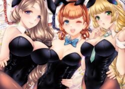 2023 3girls alternate_costume annette_fantine_dominic artist_name asa_(asakisafe1) bed blonde_hair blue_eyes bunny_ears bunny_girl bunnysuit cleavage confetti dated female female_only fire_emblem fire_emblem:_three_houses green_eyes hair_ornament hand_on_hip hi_res highres ingrid_brandl_galatea large_breasts long_hair looking_at_viewer mercedes_von_martritz nintendo one_eye_closed open_mouth orange_hair pantyhose pillow sheets short_hair small_breasts smile tie watermark wrist_cuffs